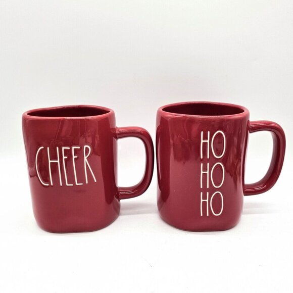 Rae Dunn Artisan Collection Magenta Christmas Coffee Cups Mug Pair  Cheer, Ho,Ho - Picture 1 of 10